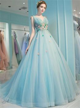 Picture of Mint Blue Flowers Tulle V-neckline Long Sweet 16 Dresses, Blue Party Dresses Formal Dresses